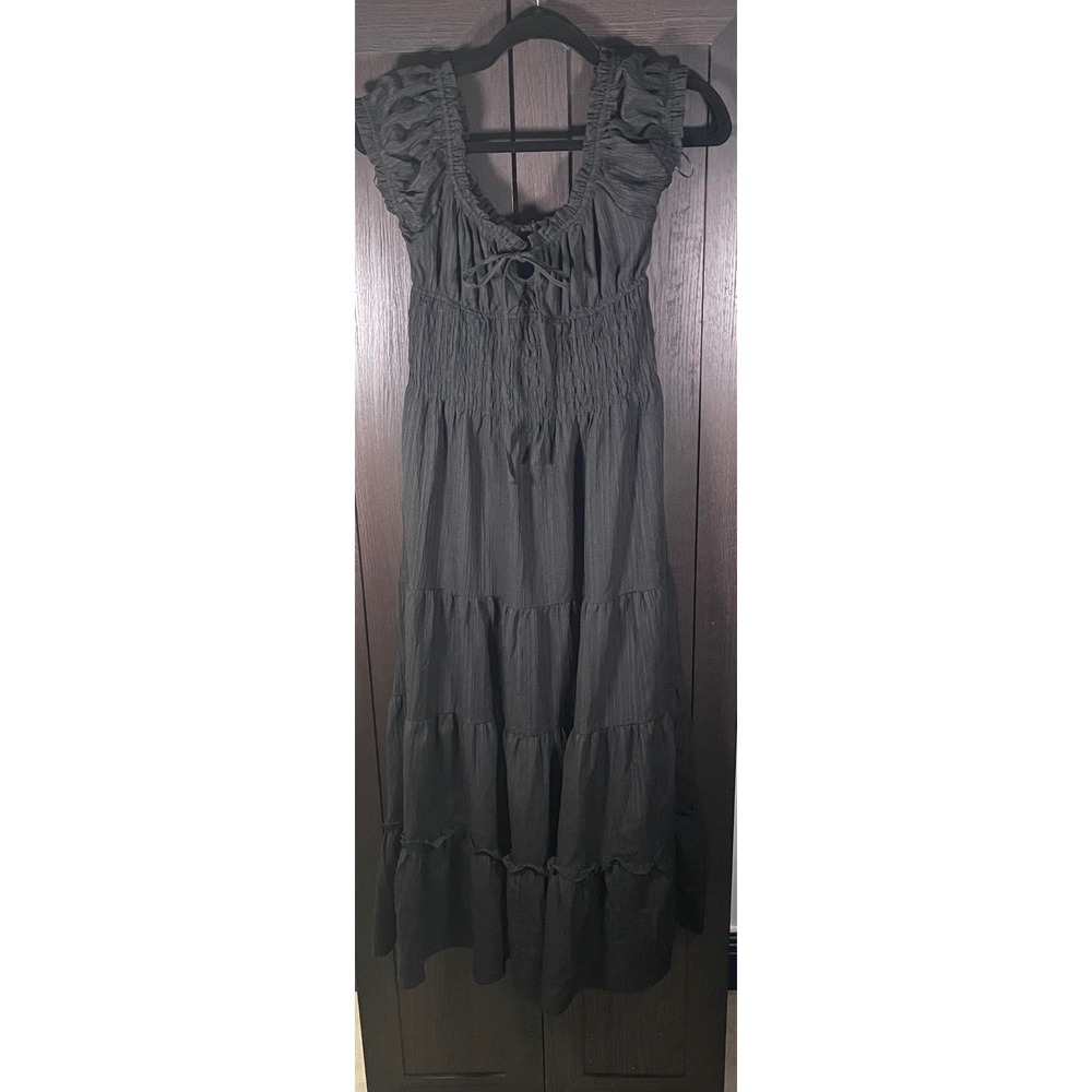 Haute Monde Womens Black Tiered Maxi Dress Smocked Bodice Ruffle Sleeve Medium